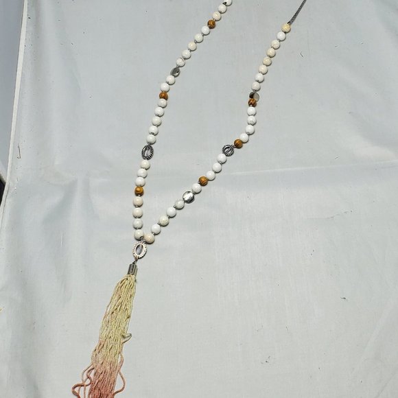 BKE beaded necklace with tassel, silver chain white-off white and brown beads - Picture 3 of 9
